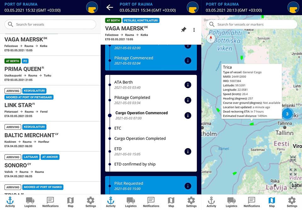Kuvakaappaus Port Activity App -sovelluksesta, joka on työkalu laivan oikea-aikaiseen satamaan saapumiseen. 