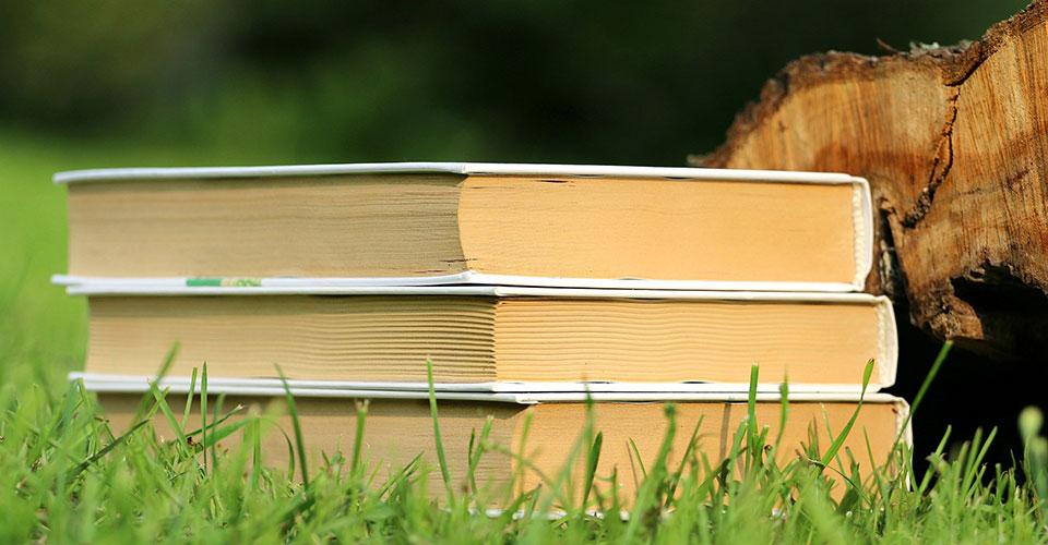 A pile of books on the grass.