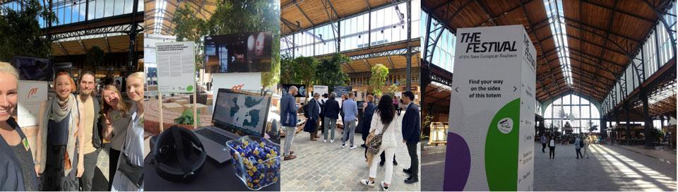 A collage of four photos. The first one from the left is of five people smiling at the camera with a Metropolia logo and an exhibition hall in the background. The second photo is of an exhibition booth with a laptop, VR headset and glass vase with chocolate on a tabletop in the front and behind them a poster and television screen showing a picture of a person wearing a VR headset - on the background a tree canopy and a roof structure of the exhibition hall. The third picture shows groups of people standing and discussing with each other in front of the Metropolia stand at the fair, tiled floor and big roof windows of the exhibition site are visible. The fourth photo is of an info pilar with the text ”THE FESTIVAL of the New European Bauhaus - Find your way on the sides of this totem” and the large exhibition hall, sunlight is flowing through large windows in the ceiling and at the back wall - four people are walking behind the info totem and even more in the background.