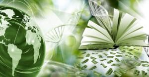 Image of planet Earth, an open book and scattered letters of the alphabet on the background of stylized dna chains. 3d illustration