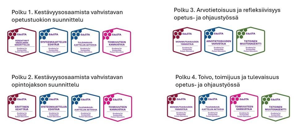 Kuvassa on osaamismerkkejä opetustuokiosta, opintojaksosta ja opetus- ja ohjaustyöstä.